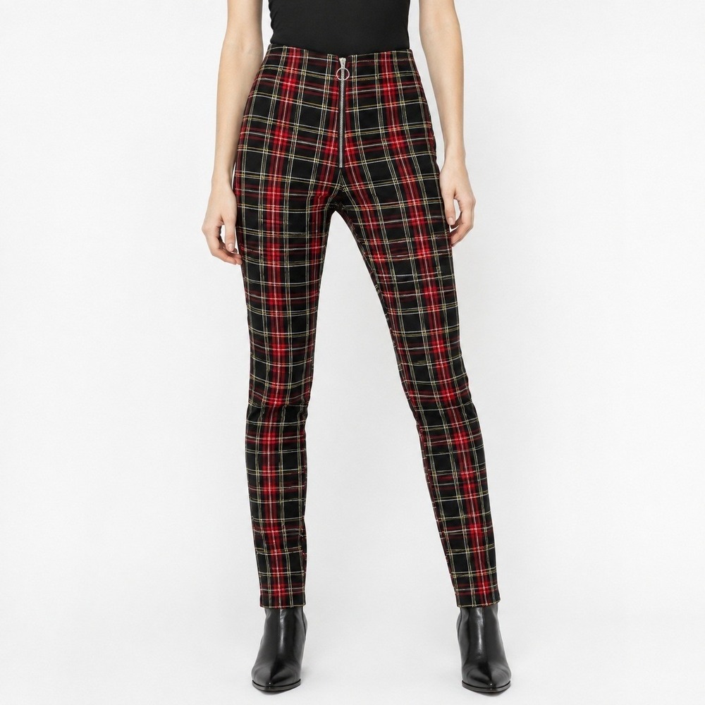 Zara Plaid Leggings Women Size S Excellent Red Black High Rise Front Zip